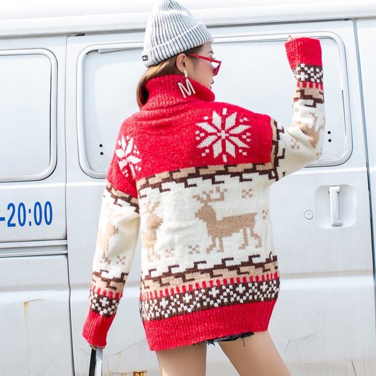 Czerwony damski golf sweter świąteczny z norweskim wzorem 1