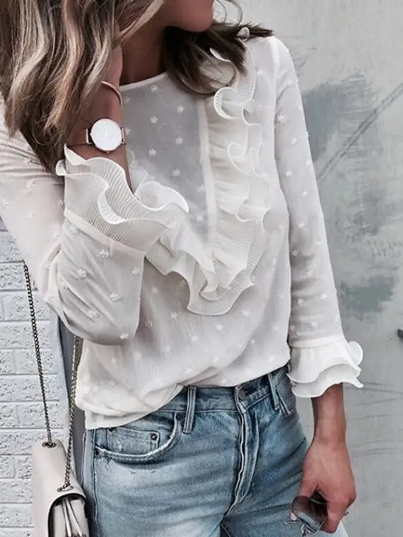 Damska szyfonowa koronkowa bluzka w kropki z falbanami na przodzie biała