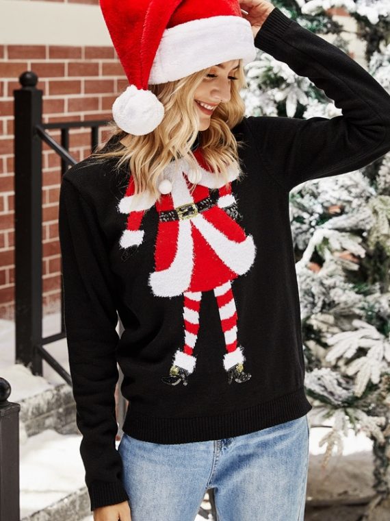 Czarny sweter świąteczny damski z motywem mikołajki na przodzie