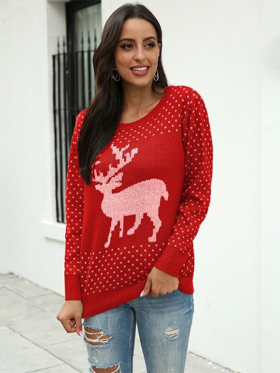Czerwony sweter świąteczny damski z aplikacją renifera tani dzianinowy
