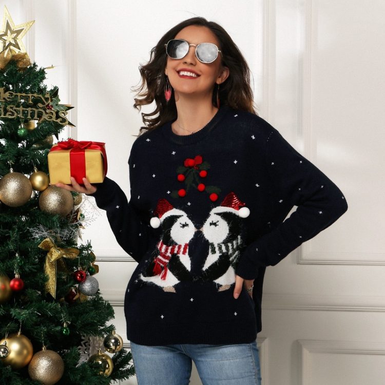 Czerwony świąteczny sweter damski z nadrukiem zakochanych pingwinów 2