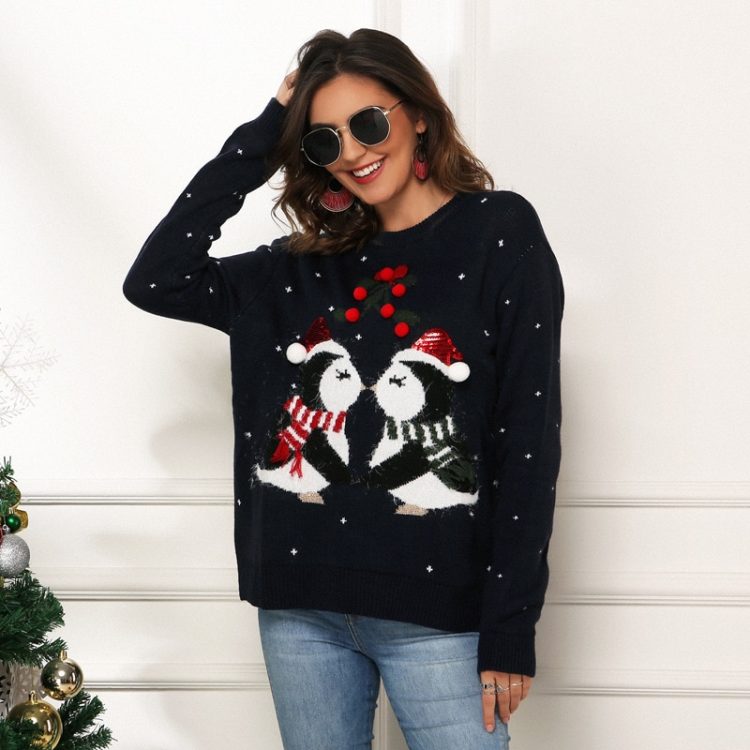 Czerwony świąteczny sweter damski z nadrukiem zakochanych pingwinów 3