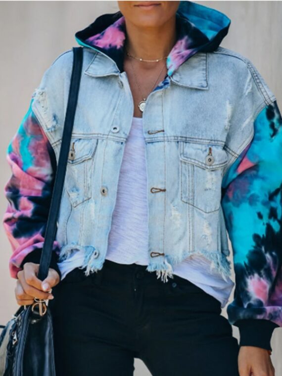 Damska jeansowa kurtka z bluzą i rękawami farbowanymi metodą tie dye