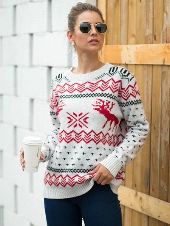 Damski sweter świąteczny biały w czerwone renifery i wzory świąteczne