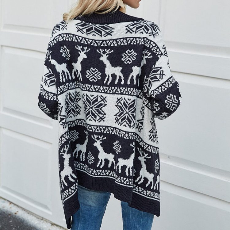 Granatowy rozpinany świąteczny sweter z jeleniem i śnieżynkami typu kardigan 4