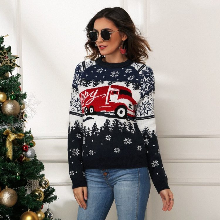 Granatowy żakardowy sweter świąteczny damski z motywem świątecznym 1