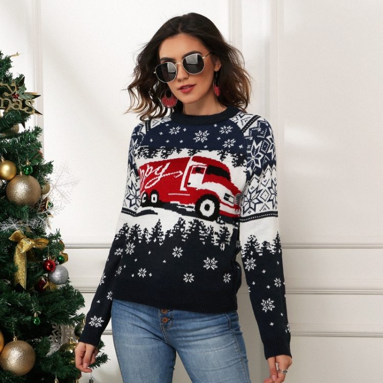Granatowy żakardowy sweter świąteczny damski z motywem świątecznym