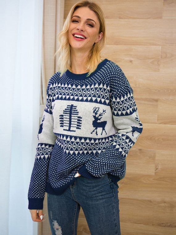 Grantowy sweter świąteczny norweski z motywem renifera i geometrycznych wzorów
