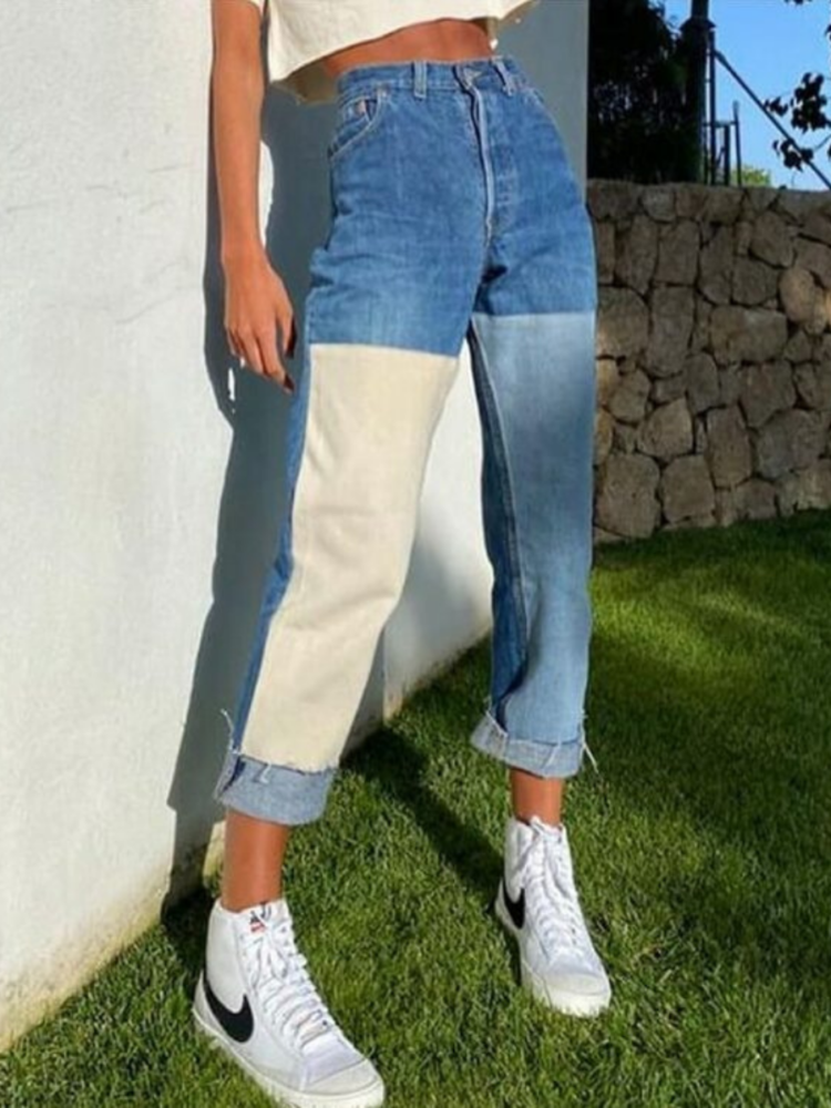 Patchworkowe spodnie damskie jeansy typu boyfriend z kolorowymi wstawkami