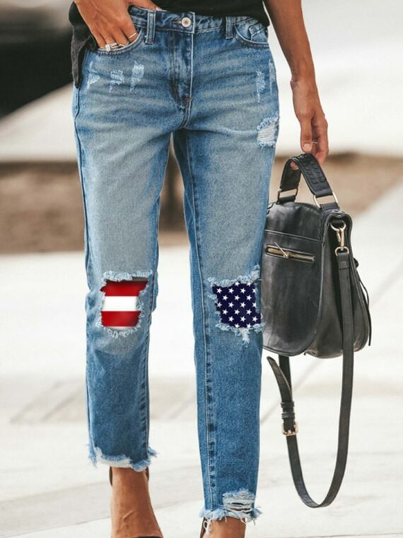 Spodnie jeansy damskie z prostą nogawką i łatami z flagą amerykańską średni denim