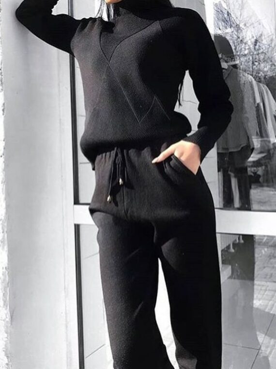 Zestaw damski komplet ze swetrem z golfem i spodniami wiązanymi w pasie czarny