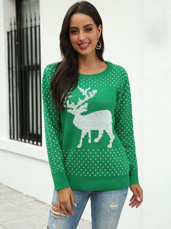 Zielony sweter świąteczny damski z aplikacją renifera tani dzianinowy