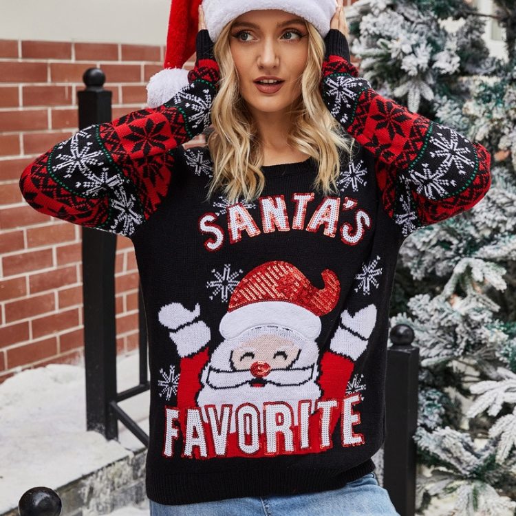Śmieszny sweter świąteczny damski z mikołajem i śnieżynkami na rękawach czarny