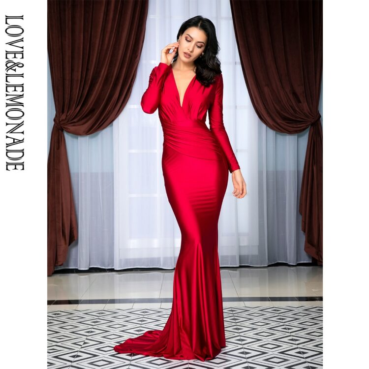 Czerwona wieczorowa sukienka elastyczna dopasowana kopertowa 1