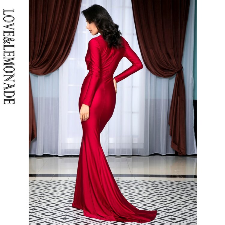 Czerwona wieczorowa sukienka elastyczna dopasowana kopertowa 2