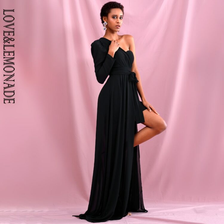 Elegancka sukienka maxi wieczorowa czarna z wiązaniem w pasie