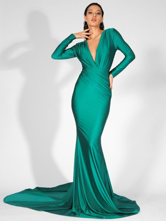 Zielona wieczorowa sukienka elastyczna dopasowana kopertowa
