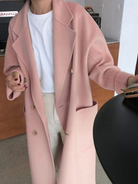 Różowy płaszcz damski zimowy wełniany w stylu oversize