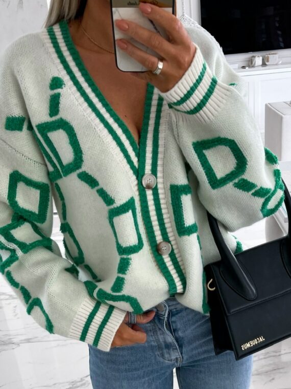 Luźny kardigan sweter damski w asymetryczne wzory kremowy