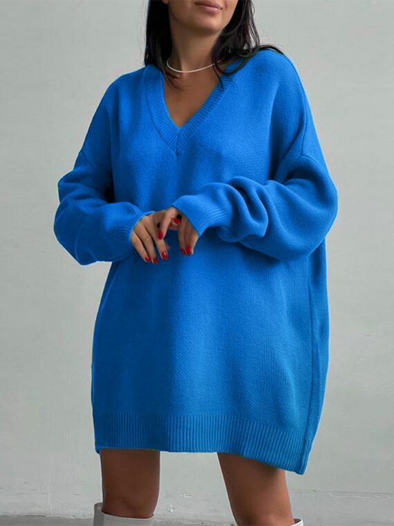 Neonowy niebieski sweter z dekoltem w serek oversize